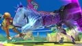 Bayonetta using her forward smash on Samus on the stage.