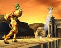 Fox being hit by Samus's fully charged Charged Shot.