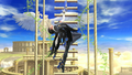 Bayonetta floating on a ladder.
