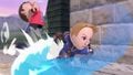 The default Mii Swordfighter striking Villager with his dash attack on Hyrule Castle.